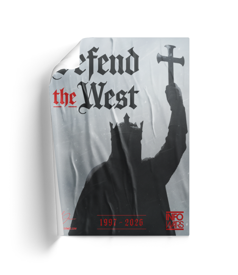 The Alex Jones Store - Angled curled view of Defend The West Limited Edition fundraiser poster showing crusader silhouette and gothic title