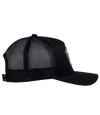 The Alex Jones Store - Support Your Local ICE Raid Trucker Patch Hat — Black trucker patch hat right side view showing curved brim, black mesh side panels and snapback closure