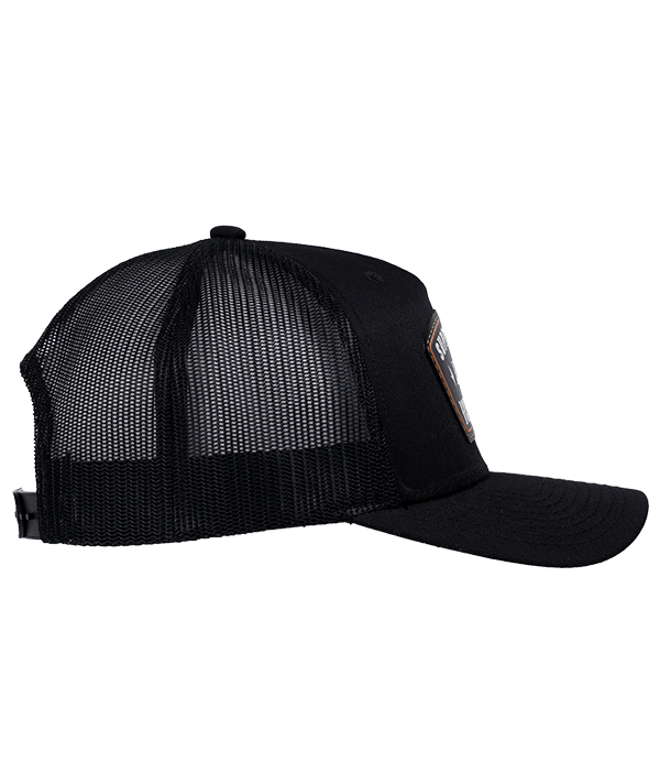 The Alex Jones Store - Support Your Local ICE Raid Trucker Patch Hat — Black trucker patch hat right side view showing curved brim, black mesh side panels and snapback closure