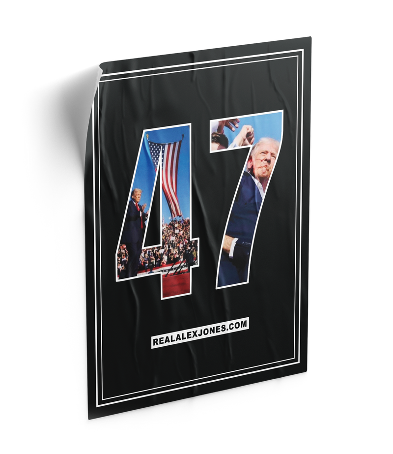 The Alex Jones Store - Angled view of Big Guy '47' Limited Edition fundraiser poster with Trump photos inside white '47' numerals