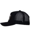 The Alex Jones Store - Support Your Local ICE Raid Trucker Patch Hat — Black trucker patch hat left side view with mesh back panels and partial ICE Raids leather patch visible