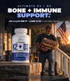 Ultimate K2 + D3 bottle on a porch rail beside a man carrying firewood: Bone + Immune Support