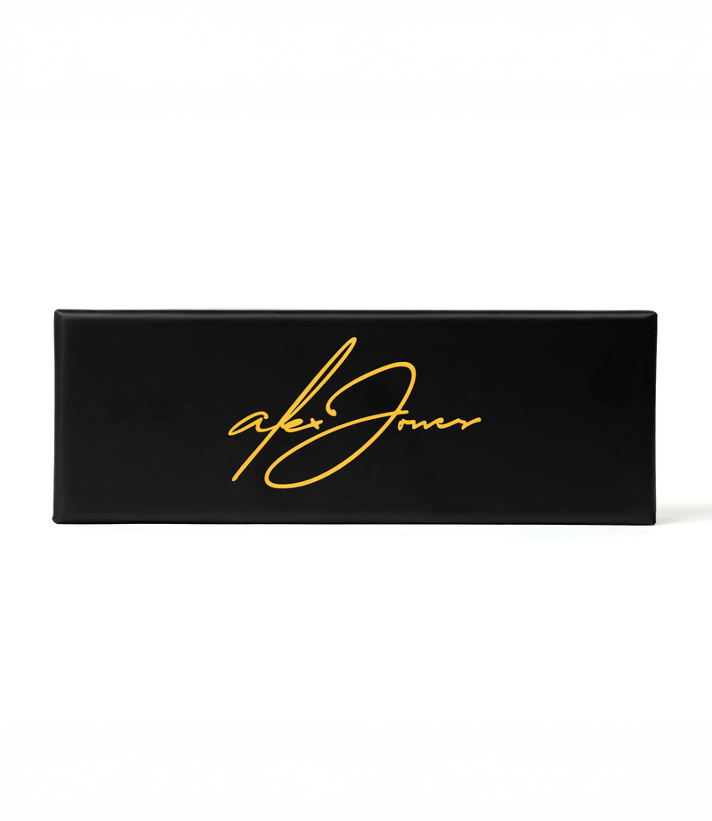 The Alex Jones Store - Premium black gift box with gold Alex Jones signature script - Alex Jones Micarta Handle Blade collector packaging