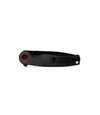 The Alex Jones Store - Reverse closed view of Alex Jones Micarta Handle Blade with black micarta scales, deep-carry pocket clip and red pivot detail
