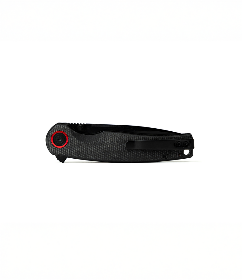 The Alex Jones Store - Reverse closed view of Alex Jones Micarta Handle Blade with black micarta scales, deep-carry pocket clip and red pivot detail