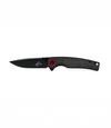 The Alex Jones Store - Alex Jones Micarta Handle Blade with black textured micarta handle, black-coated drop-point blade and red pivot accent, open