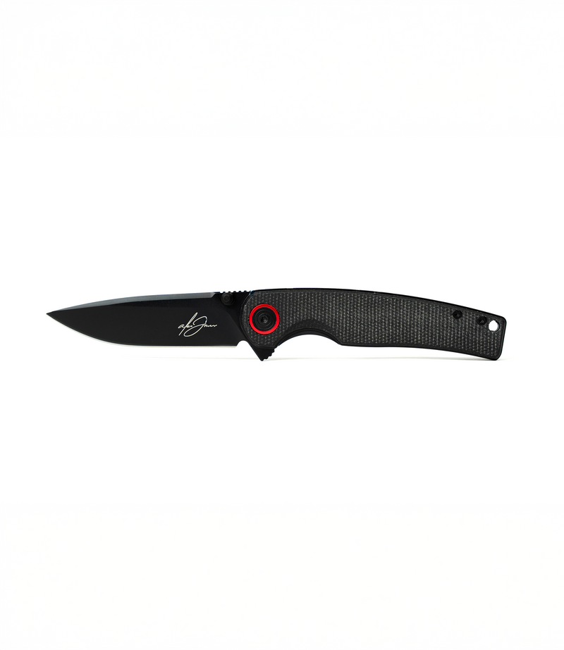 The Alex Jones Store - Alex Jones Micarta Handle Blade with black textured micarta handle, black-coated drop-point blade and red pivot accent, open