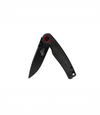 The Alex Jones Store - Alex Jones Micarta folding knife in half-open position showing black blade with signature etching and black micarta scales