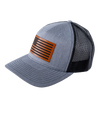 The Alex Jones Store - Three-quarter view of heather grey Betsy Ross American Flag leather patch trucker hat with black mesh back panel