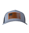 The Alex Jones Store - Heather grey American Flag leather patch trucker hat with Betsy Ross 13-star flag patch and black mesh back