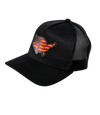 The Alex Jones Store - Three-quarter view of black Deus Vult Patriot's Crest trucker hat with USA flag-cross patch and black mesh back