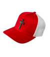 The Alex Jones Store - Three-quarter view of red Deus Vult Cross Nails trucker hat with white mesh back and black cross-of-nails patch