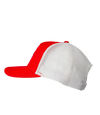 The Alex Jones Store - Left side profile of red and white Deus Vult Cross Nails snapback trucker hat with white mesh back