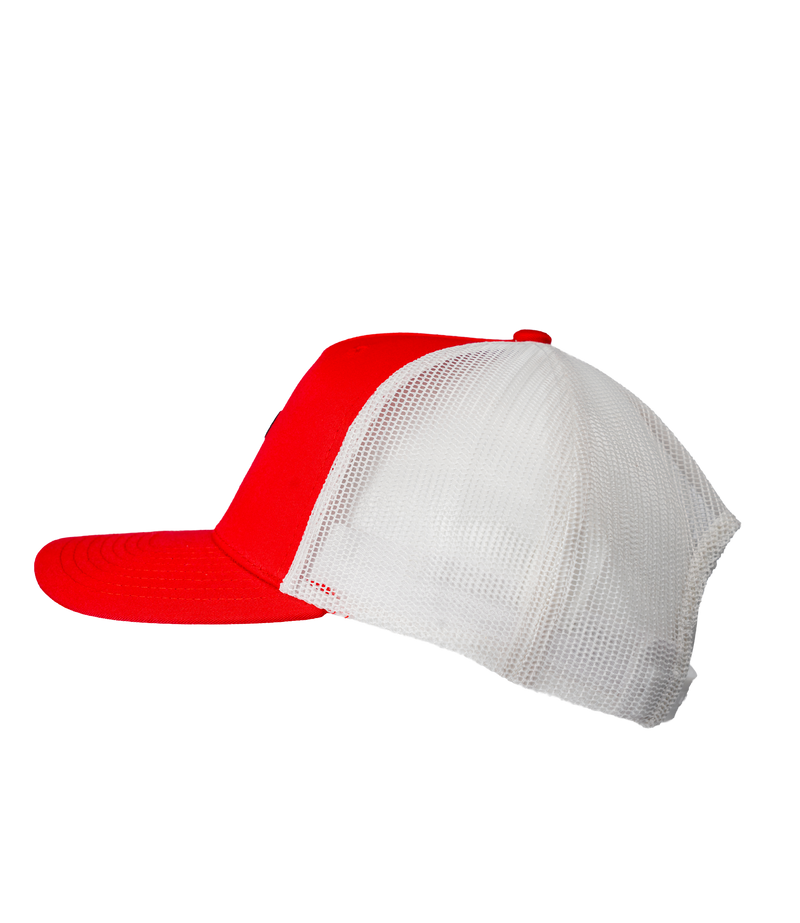 The Alex Jones Store - Left side profile of red and white Deus Vult Cross Nails snapback trucker hat with white mesh back