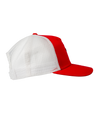The Alex Jones Store - Right side view of red Deus Vult Cross Nails trucker hat showing white mesh back panel and pre-curved red visor