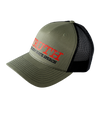 The Alex Jones Store - Three-quarter view of olive green trucker hat with red 'TRUTH The New Hate Speech' embroidery, black mesh back