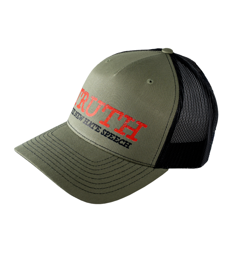 The Alex Jones Store - Three-quarter view of olive green trucker hat with red 'TRUTH The New Hate Speech' embroidery, black mesh back