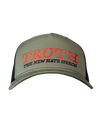 The Alex Jones Store - Olive green and black trucker hat with red 'TRUTH' and 'The New Hate Speech' embroidered front patch design