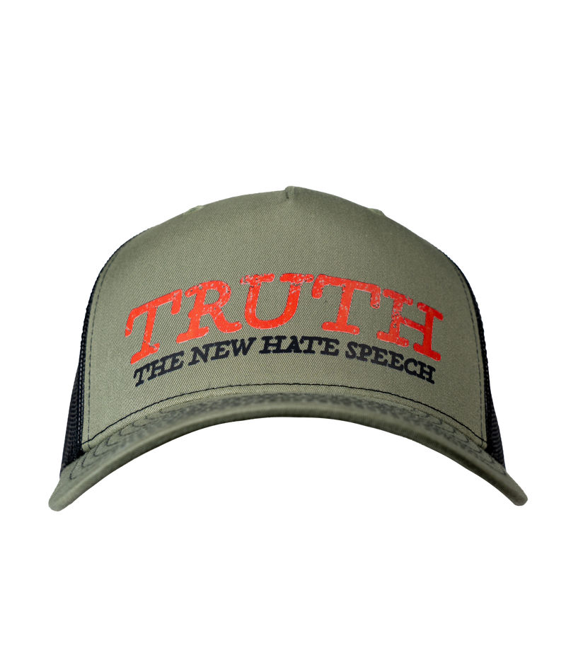 The Alex Jones Store - Olive green and black trucker hat with red 'TRUTH' and 'The New Hate Speech' embroidered front patch design