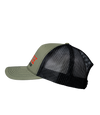 The Alex Jones Store - Truth Is The New Hate Speech Trucker Hat — Olive green and black trucker hat, left side view, showing partial red 'TRUTH' embroidery and black mesh panels
