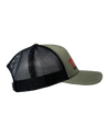 The Alex Jones Store - Truth Is The New Hate Speech Trucker Hat — Olive green and black trucker hat, right side view, with mesh back panels and 'TRUTH' embroidery visible on front