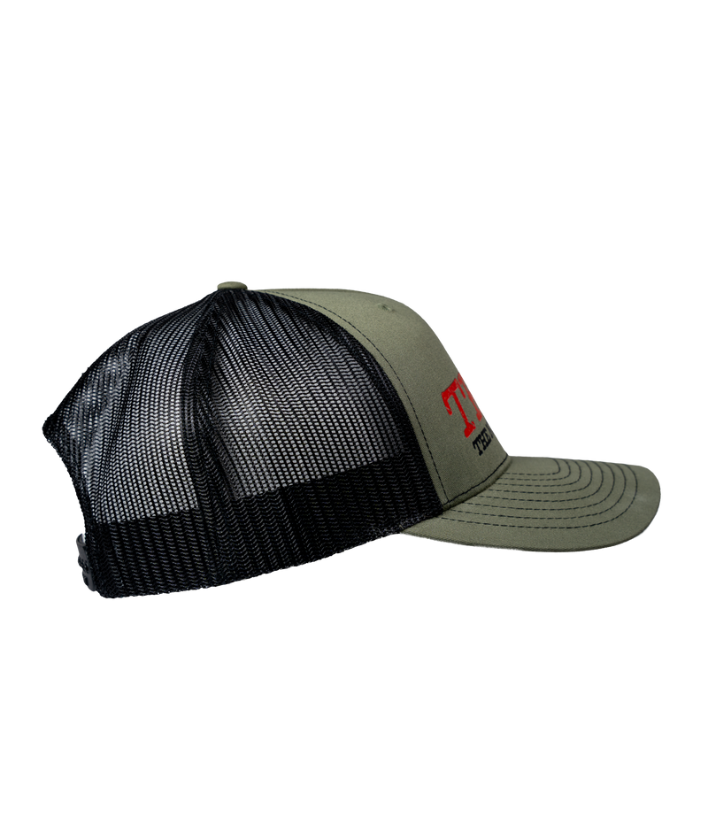 The Alex Jones Store - Truth Is The New Hate Speech Trucker Hat — Olive green and black trucker hat, right side view, with mesh back panels and 'TRUTH' embroidery visible on front