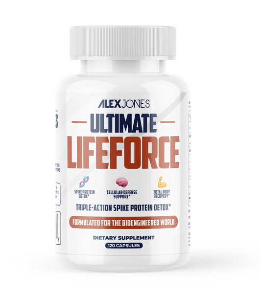 Alex Jones Naturals - White Ultimate Lifeforce capsule bottle, Triple-Action Spike Protein Detox formula by Alex Jones, 120 capsules dietary supplement
