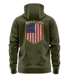 The Alex Jones Store - Olive green American 1776 hoodie back view with Betsy Ross flag shield graphic and 'American 1776' banner