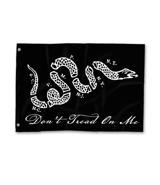 The Alex Jones Store - Black 'Don't Tread On Me' 3x5 flag featuring white segmented Join or Die-style snake with state initials and script slogan