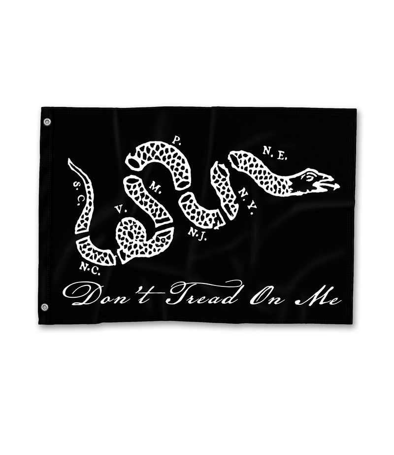 The Alex Jones Store - Black 'Don't Tread On Me' 3x5 flag featuring white segmented Join or Die-style snake with state initials and script slogan