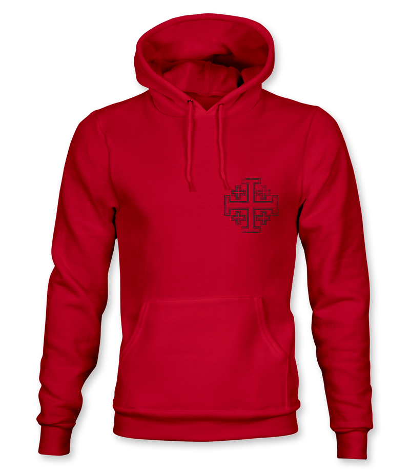 The Alex Jones Store - Red Deus Vult No Retreat No Surrender hoodie with small black Jerusalem cross emblem on left chest