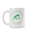 The Alex Jones Store - White ceramic Save The Frogs coffee mug, back view with partial green frog seal circular logo and handle on left