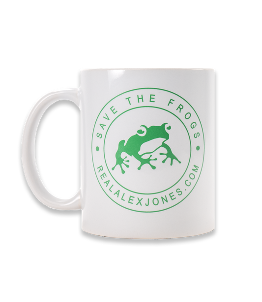 The Alex Jones Store - White ceramic Save The Frogs coffee mug, back view with partial green frog seal circular logo and handle on left