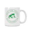The Alex Jones Store - White ceramic Save The Frogs coffee mug front view with green frog seal reading 'Save The Frogs realalexjones.com'