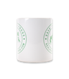 The Alex Jones Store - White ceramic Save The Frogs coffee mug left side view showing green frog seal logo wrapping around the body