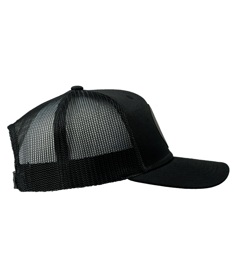 The Alex Jones Store - Obedience To God Circle Star Leather Patch Hat — Right side view of black trucker hat showing curved brim and black mesh paneling
