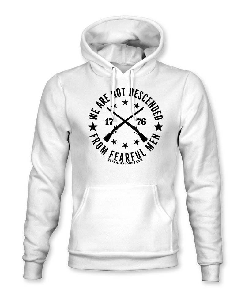 The Alex Jones Store - White pullover hoodie with black 'We Are Not Descended From Fearful Men 1776' crossed muskets circle crest