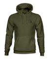 The Alex Jones Store - Olive green American 1776 hoodie front view with small Gadsden snake circle crest on left chest, hood up