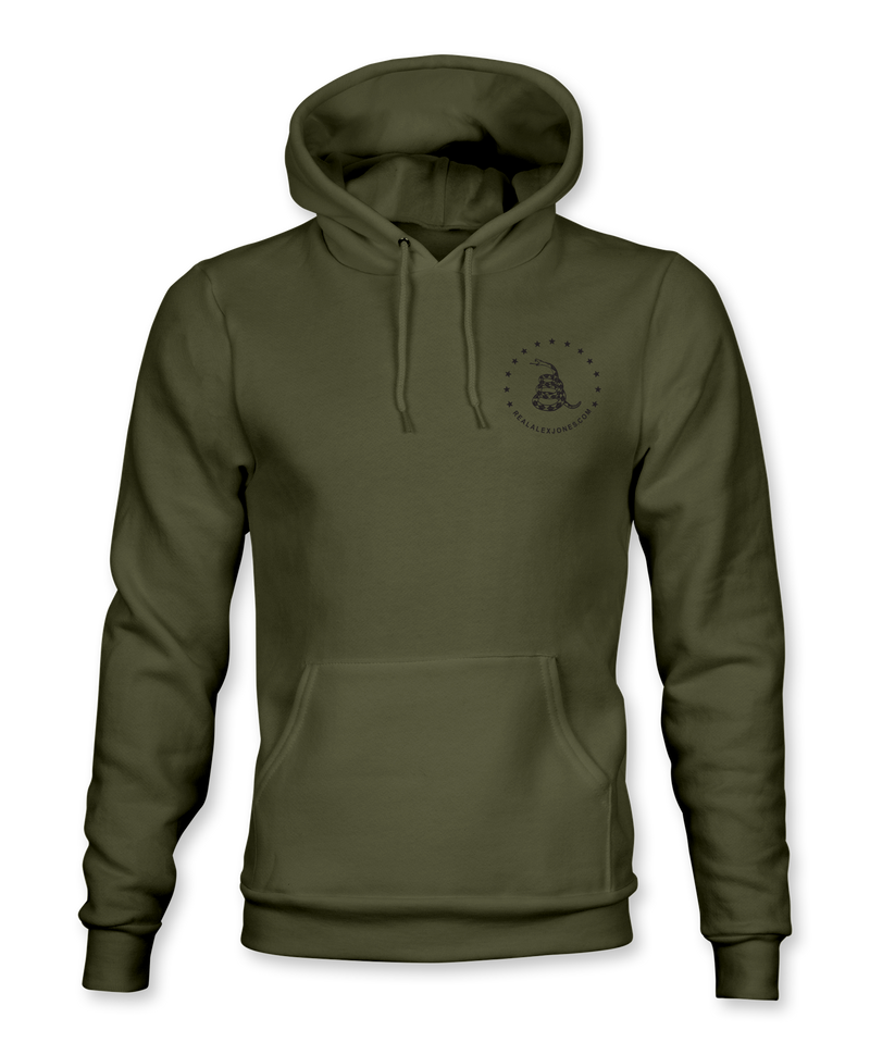 The Alex Jones Store - Olive green American 1776 hoodie front view with small Gadsden snake circle crest on left chest, hood up
