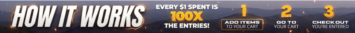 How it works: every $1 spent is 100X the entries. 1 add items to your cart, 2 go to your cart, 3 check out and you are entered.
