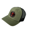 The Alex Jones Store - Three-quarter view of olive green You Shall Conquer leather patch hat with black mesh back panels