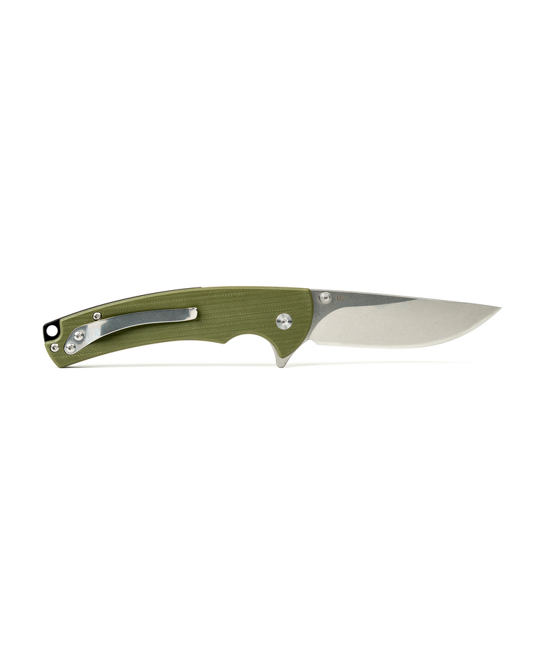 The Alex Jones Store - Reverse side of Alex Jones Quick Release Blade open, OD green G10 handle with stainless deep-carry pocket clip