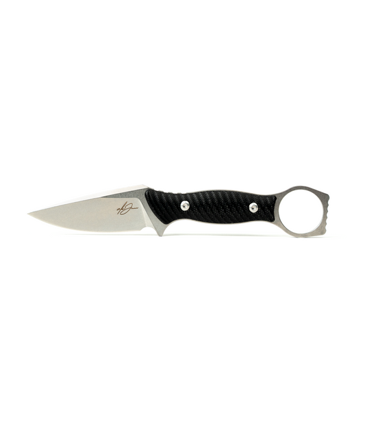 The Alex Jones Store - Alex Jones Ring Blade fixed knife with textured black handle, finger-ring pommel and stone-washed drop-point steel blade