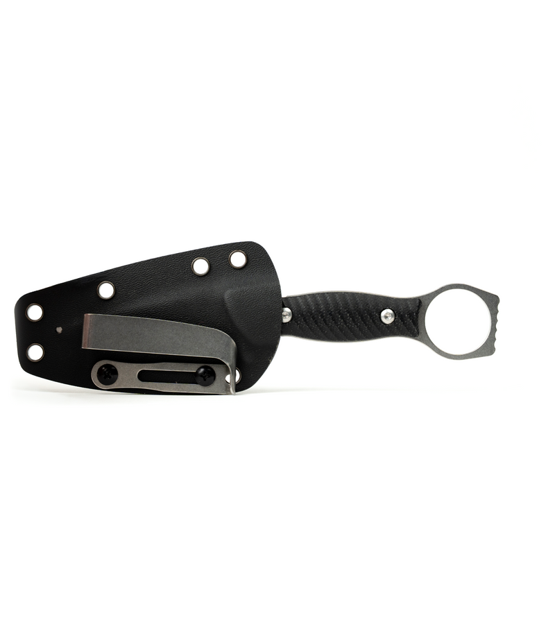The Alex Jones Store - Alex Jones Ring Blade fixed knife sheathed in black Kydex with belt clip, ring pommel exposed for quick deployment
