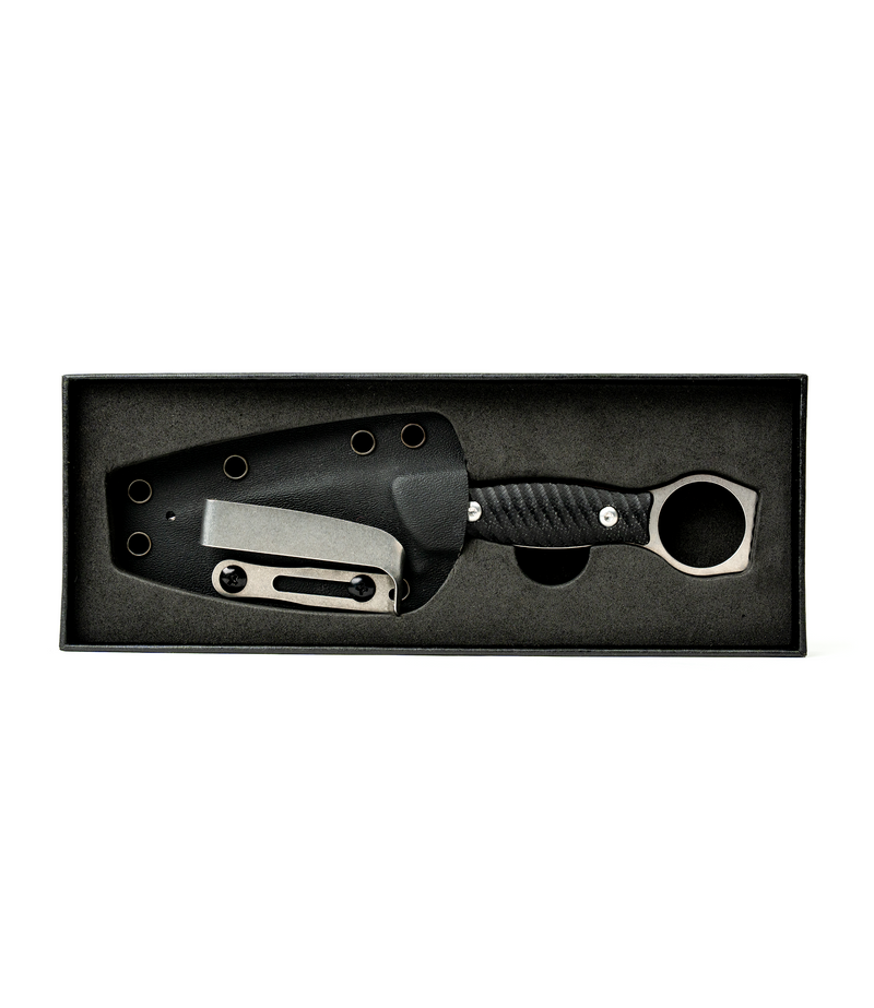 The Alex Jones Store - Alex Jones Ring Blade fixed knife with Kydex sheath displayed inside premium black foam-lined gift box, retail packaging