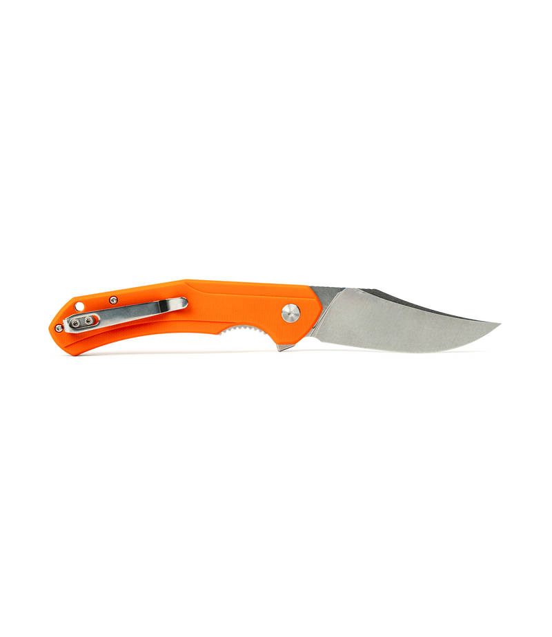 The Alex Jones Store - Reverse side of Alex Jones Burnt Orange folding knife with stone-washed blade open and silver deep-carry pocket clip