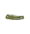 The Alex Jones Store - Closed Alex Jones Quick Release folding knife showing OD green G10 handle, sculpted contour and silver pocket clip