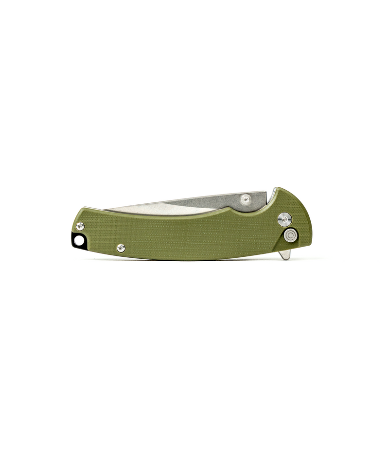 The Alex Jones Store - Compact closed view of Alex Jones Quick Release Blade with smooth OD green G10 handle and steel quick-deploy hardware