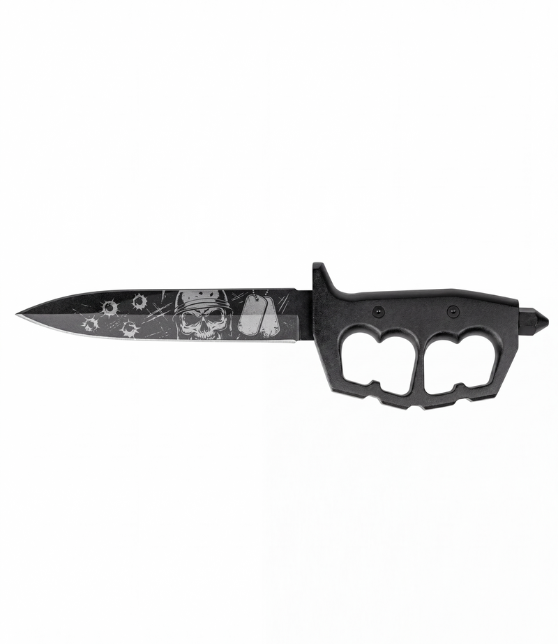 The Alex Jones Store - Liberty or Death Trench War Dagger with black knuckle handle and skull, bullet holes and dog tags etched on tactical blade