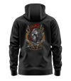 The Alex Jones Store - Black Molon Labe hoodie back view with Spartan helmet, crossed spears and Greek key border graphic from realalexjones.com